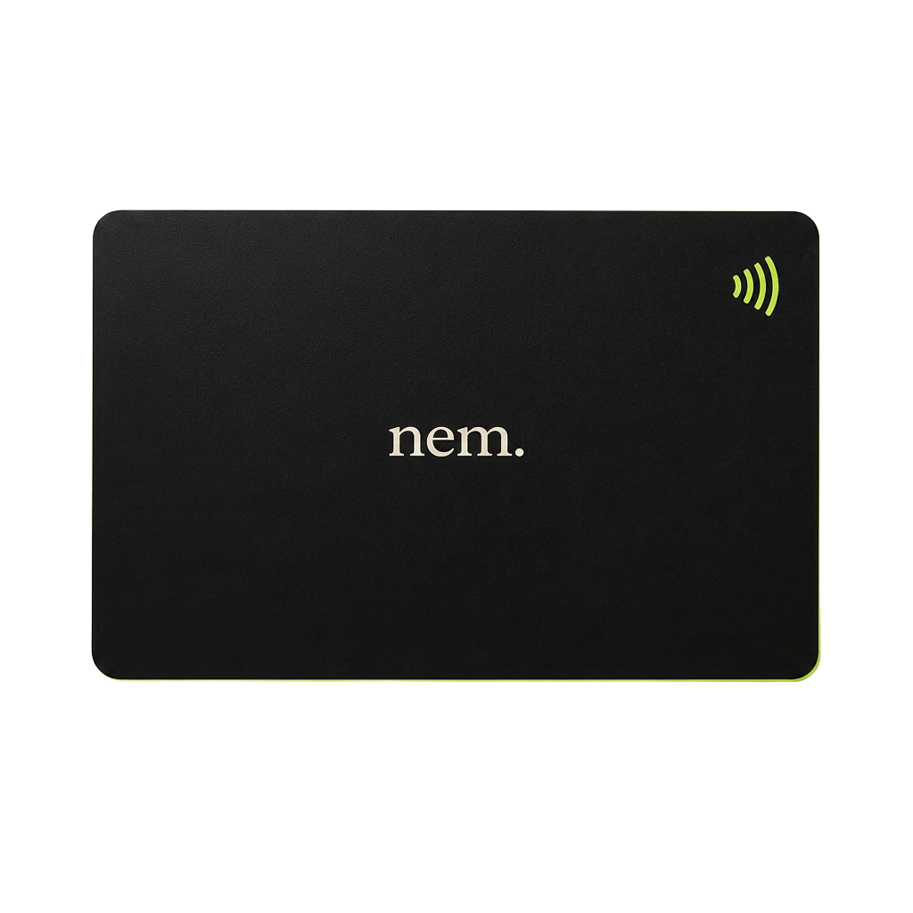 Nem NFC card — matte black with lime NFC symbol
